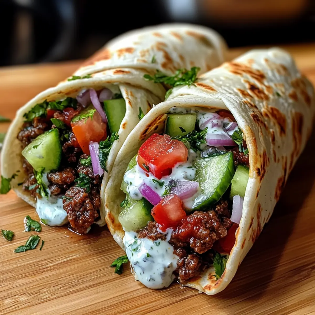 Griechische Rindfleisch-Wraps mit Knoblauch-Joghurt-Sauce