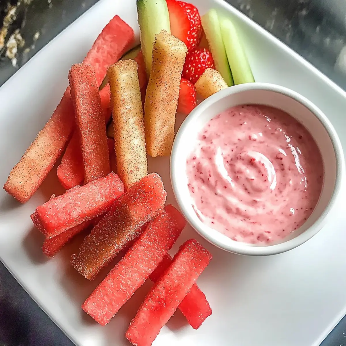 Gesunde Wassermelonen-Pommes mit Erdbeer-Dip