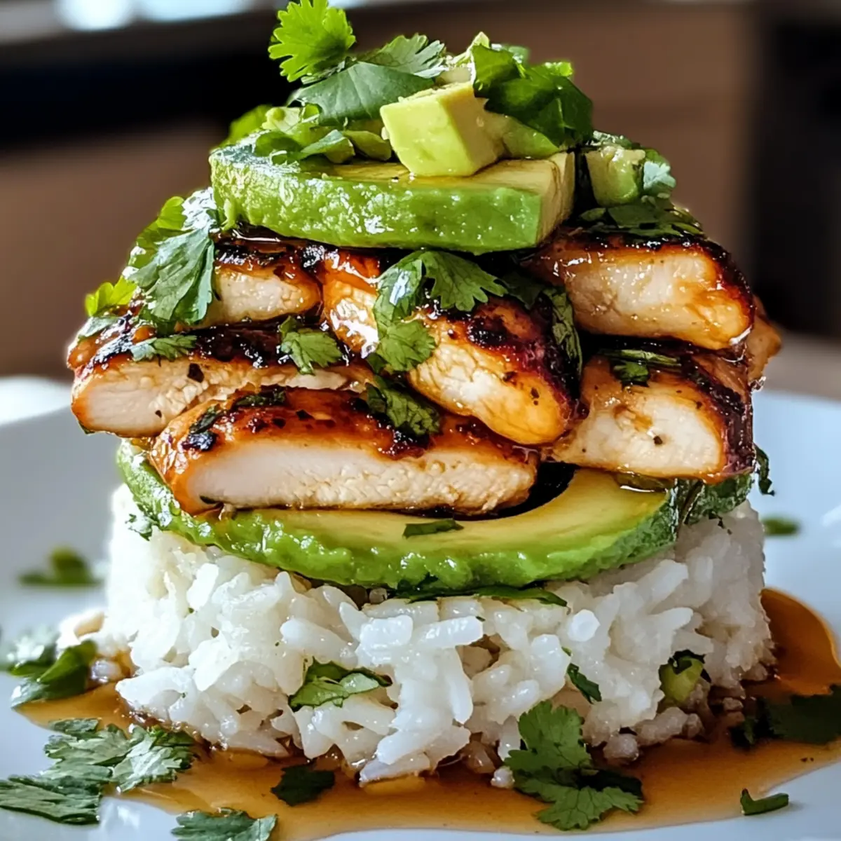 Honig-Limetten-Hühnchen mit Avocado-Reis-Stapel