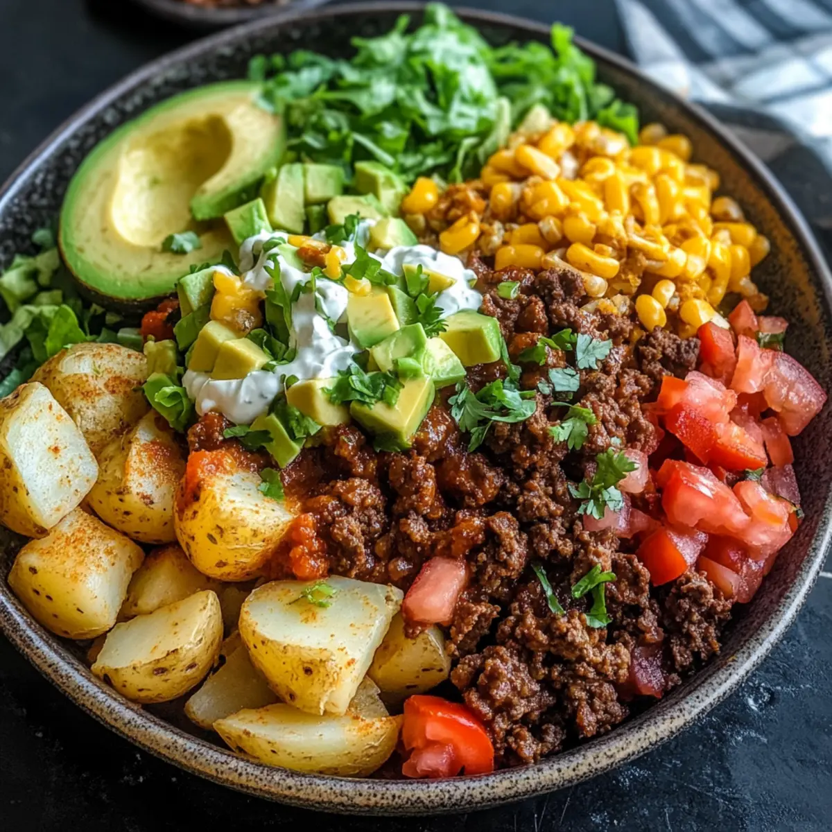 Beladene Kartoffel-Taco-Schüssel für jeden Tag