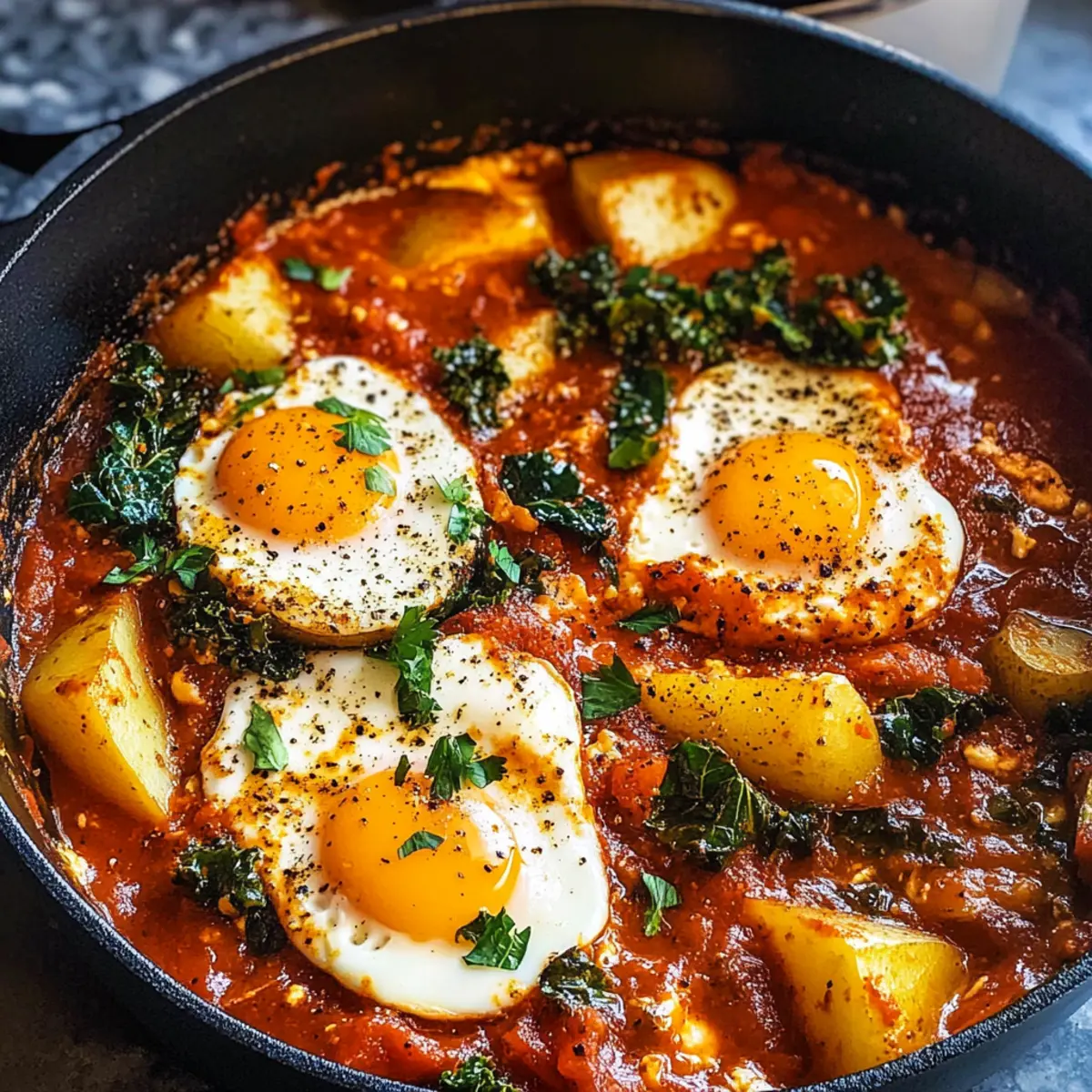 Eintopf mit würzigen Eiern und Kartoffeln genießen