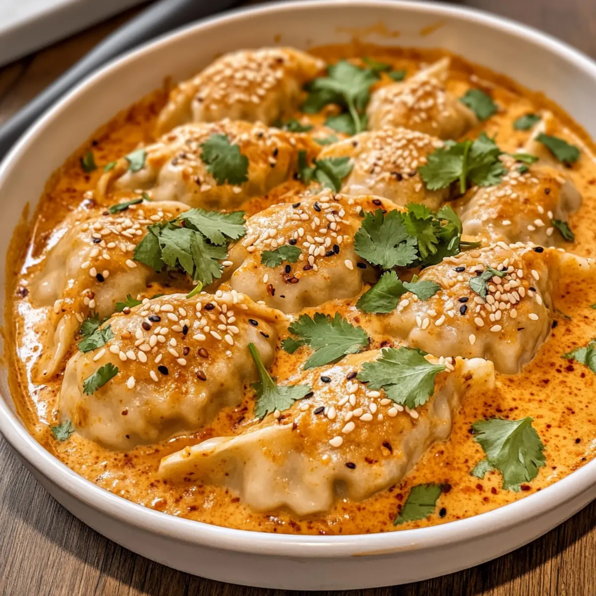 Rote Curry-Teigtaschen in cremiger Kokossoße