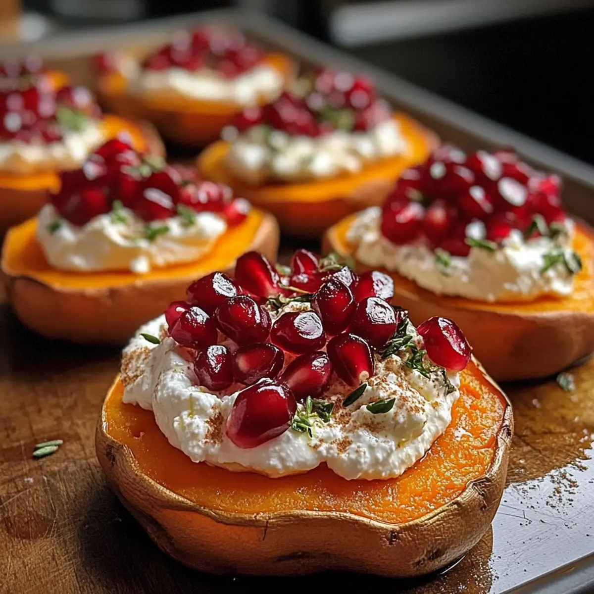 Süßkartoffelrunden mit geschlagenem Ziegenkäse und Granatapfel