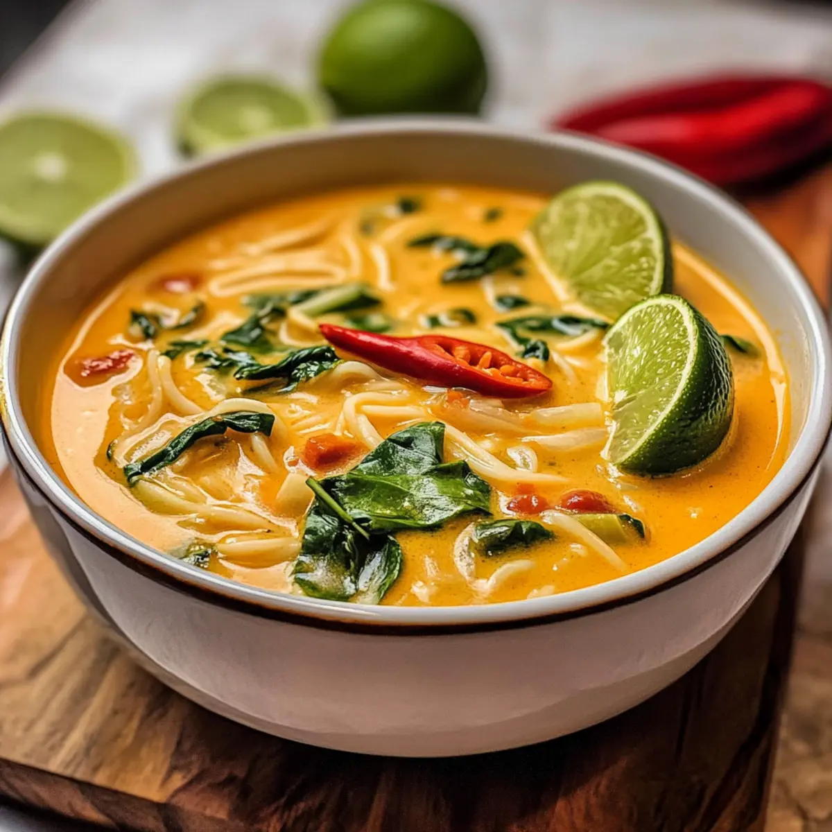 Asiatische Kokos-Curry-Suppe mit Reisnudeln genießen