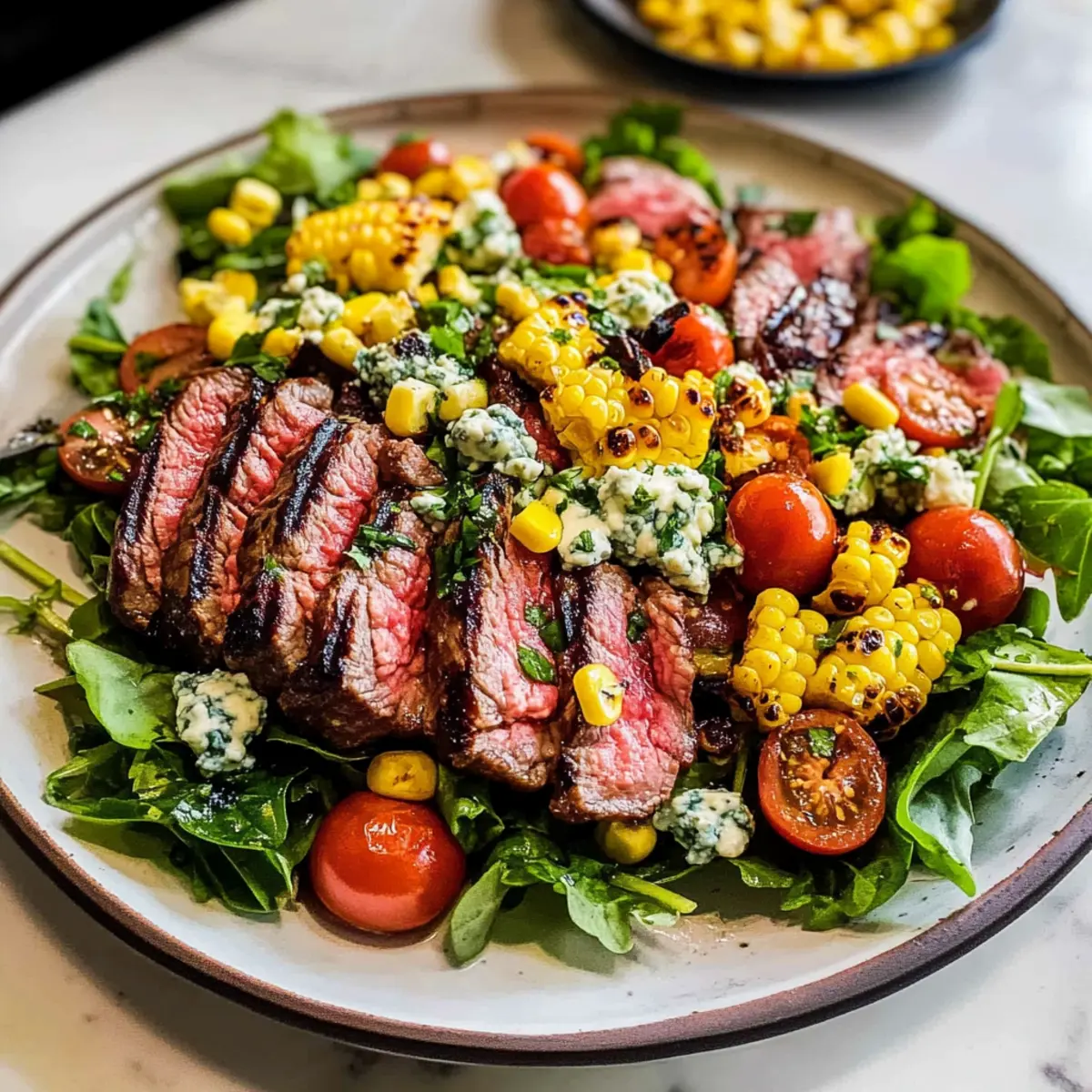 Balsamico Steak Gorgonzola Salat mit gegrilltem Mais