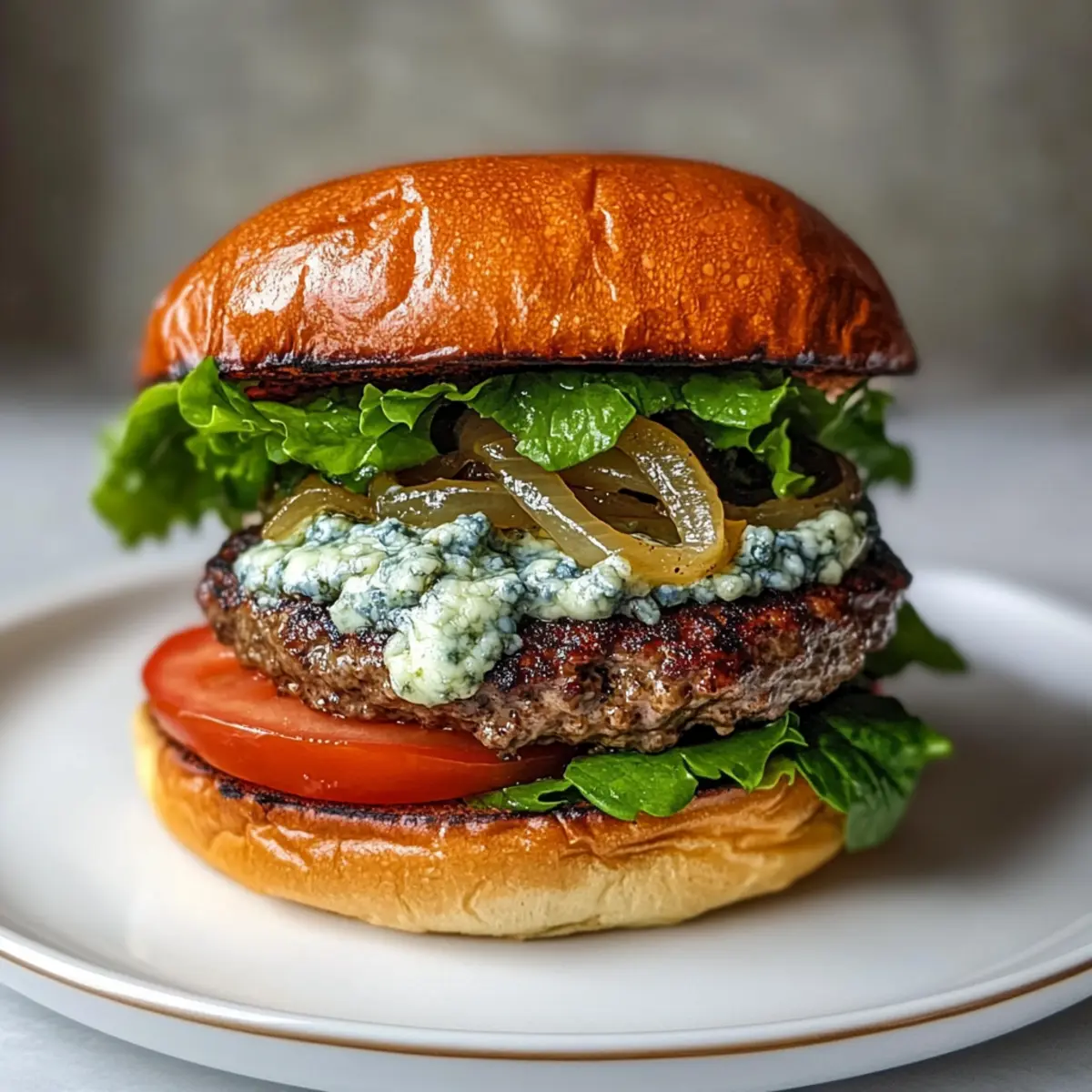 Blauschimmelkäse Burger mit karamellisierten Zwiebeln