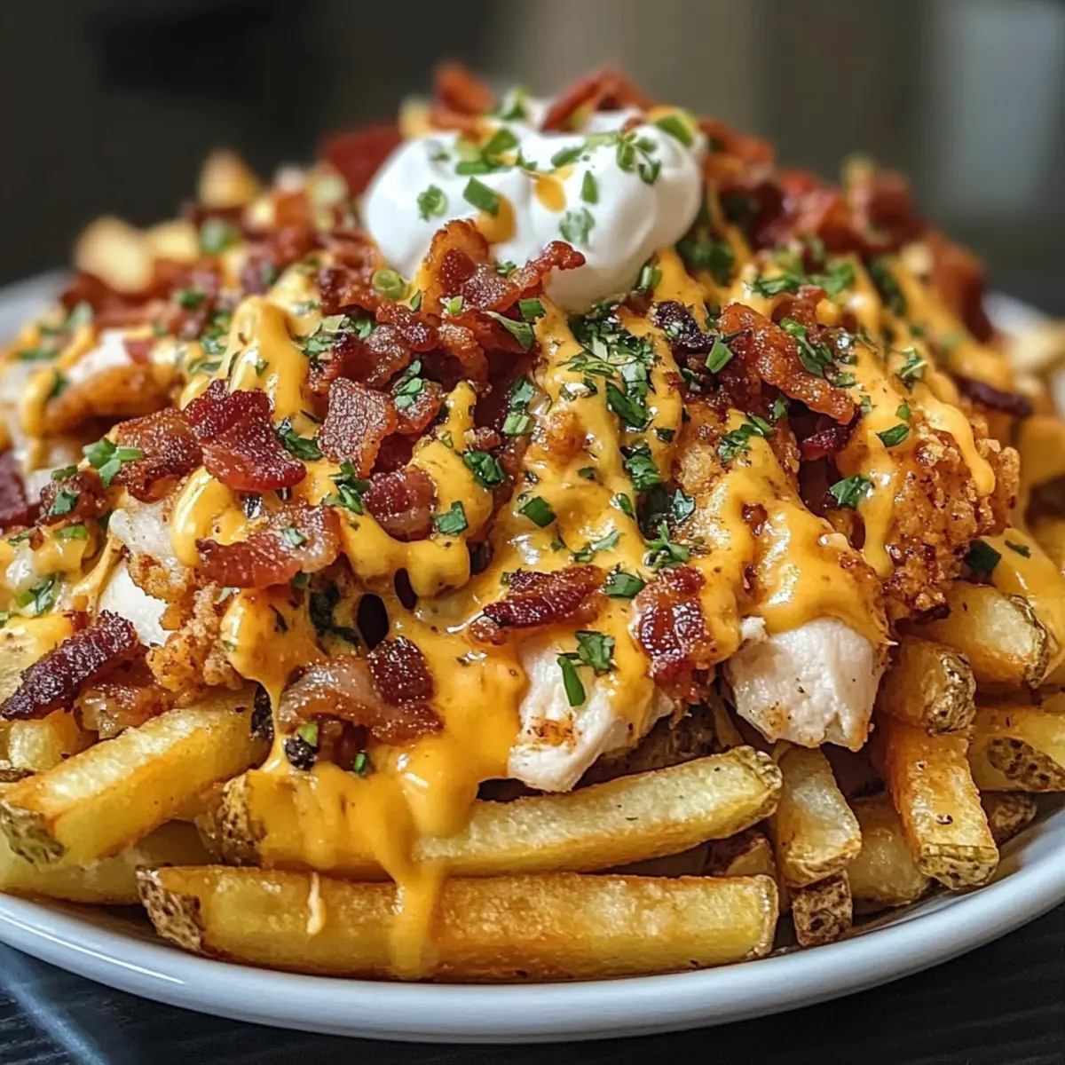 Schmutzige Hähnchen- und Speck-beladene Pommes genießen