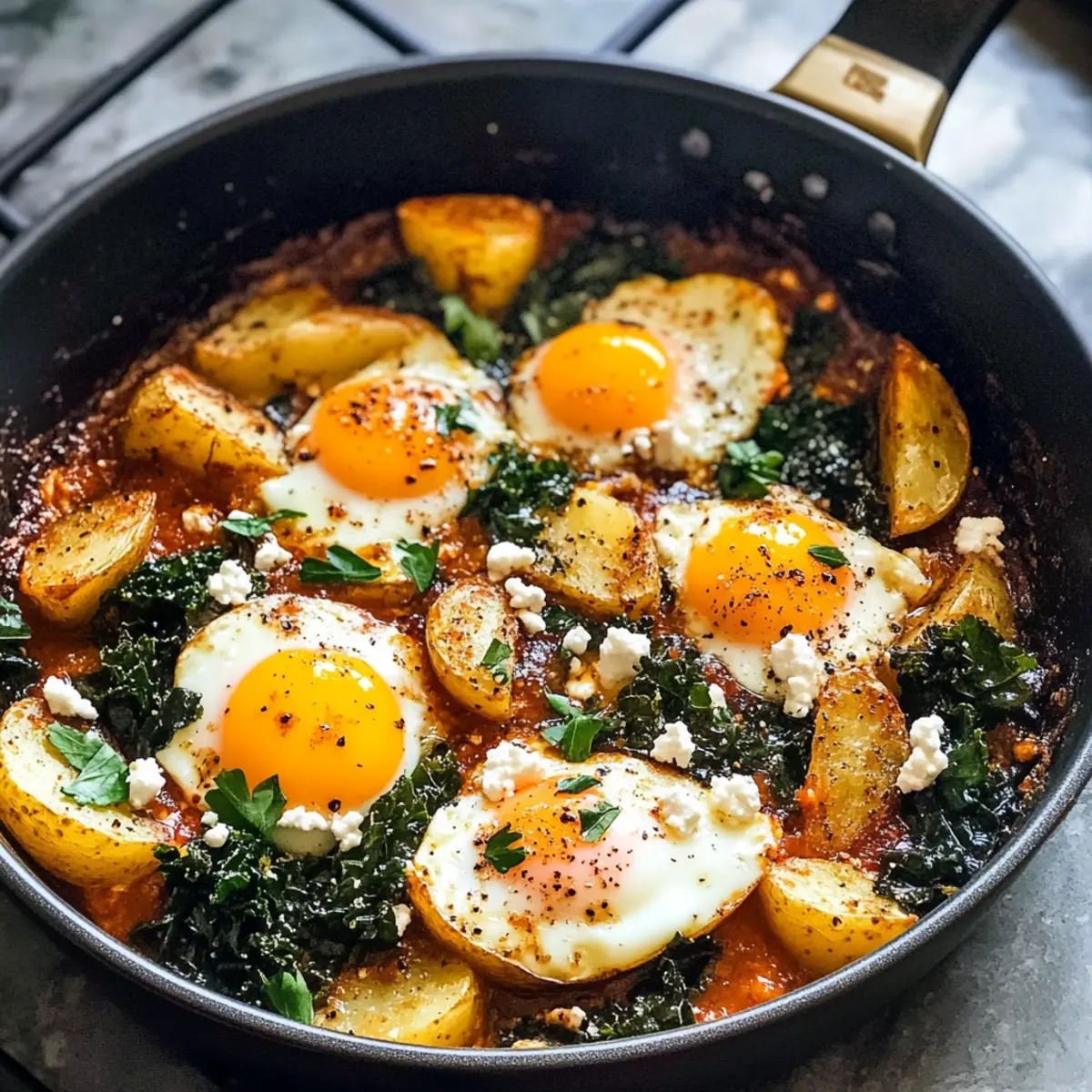 Ein-Topf würzige Eier und Kartoffeln für dein Frühstück