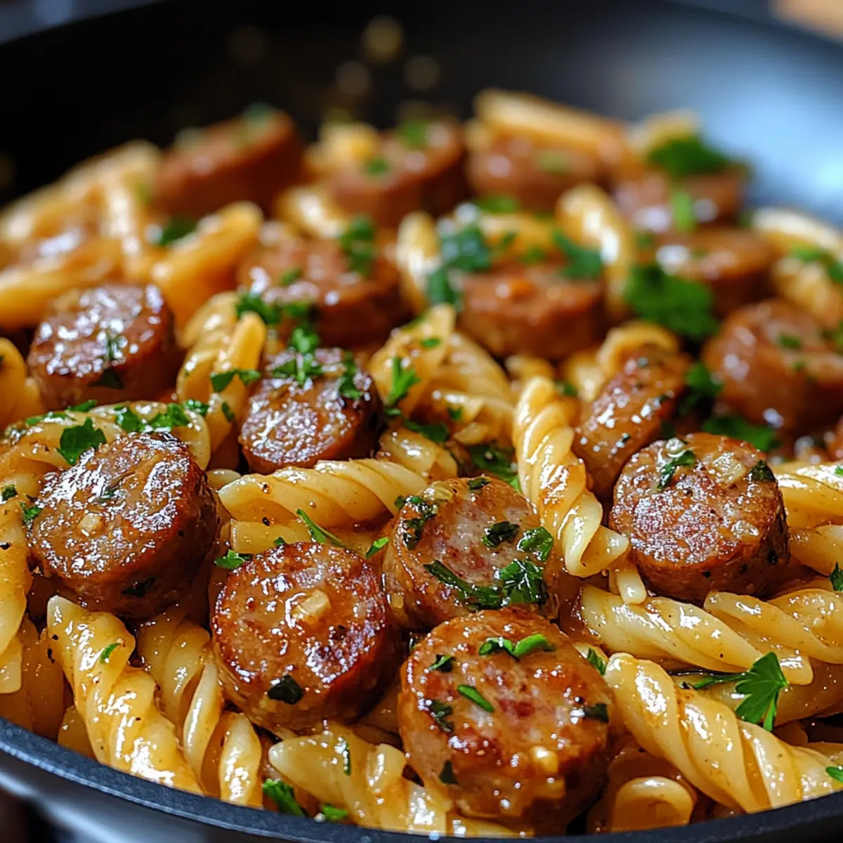 Klebrige Honig-Knoblauch-Wurst-Pasta in 30 Minuten