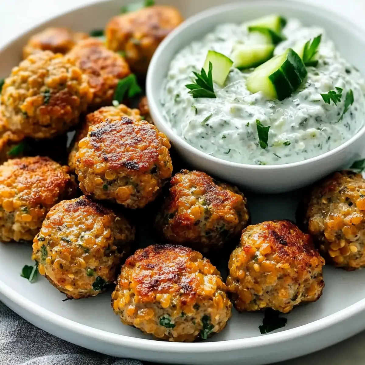 Gebratene griechische Linsen-Fleischbällchen mit Tzatziki