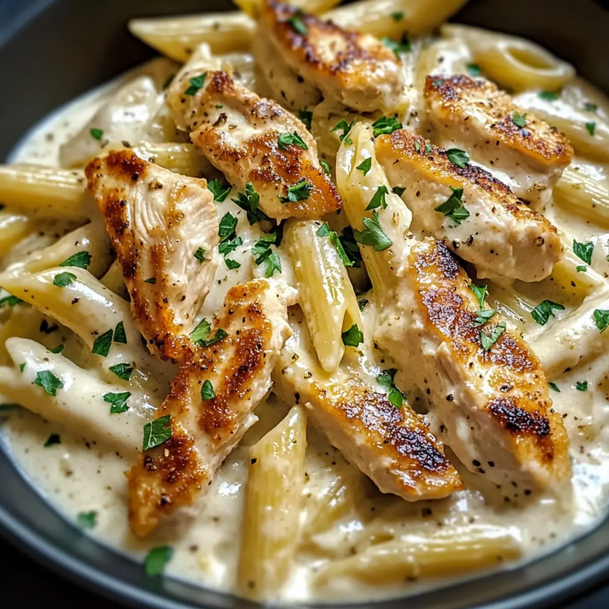 Crack-Hähnchen-Penne mit cremiger Soße genießen