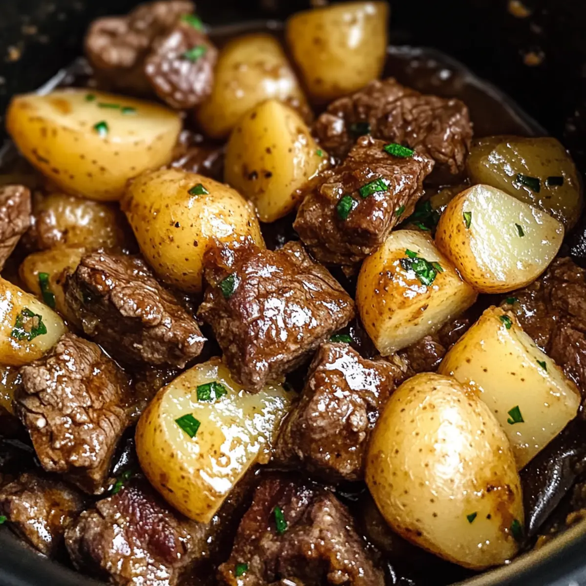 Knoblauchbutter-Rindfleischbissen mit Kartoffeln für Genießer