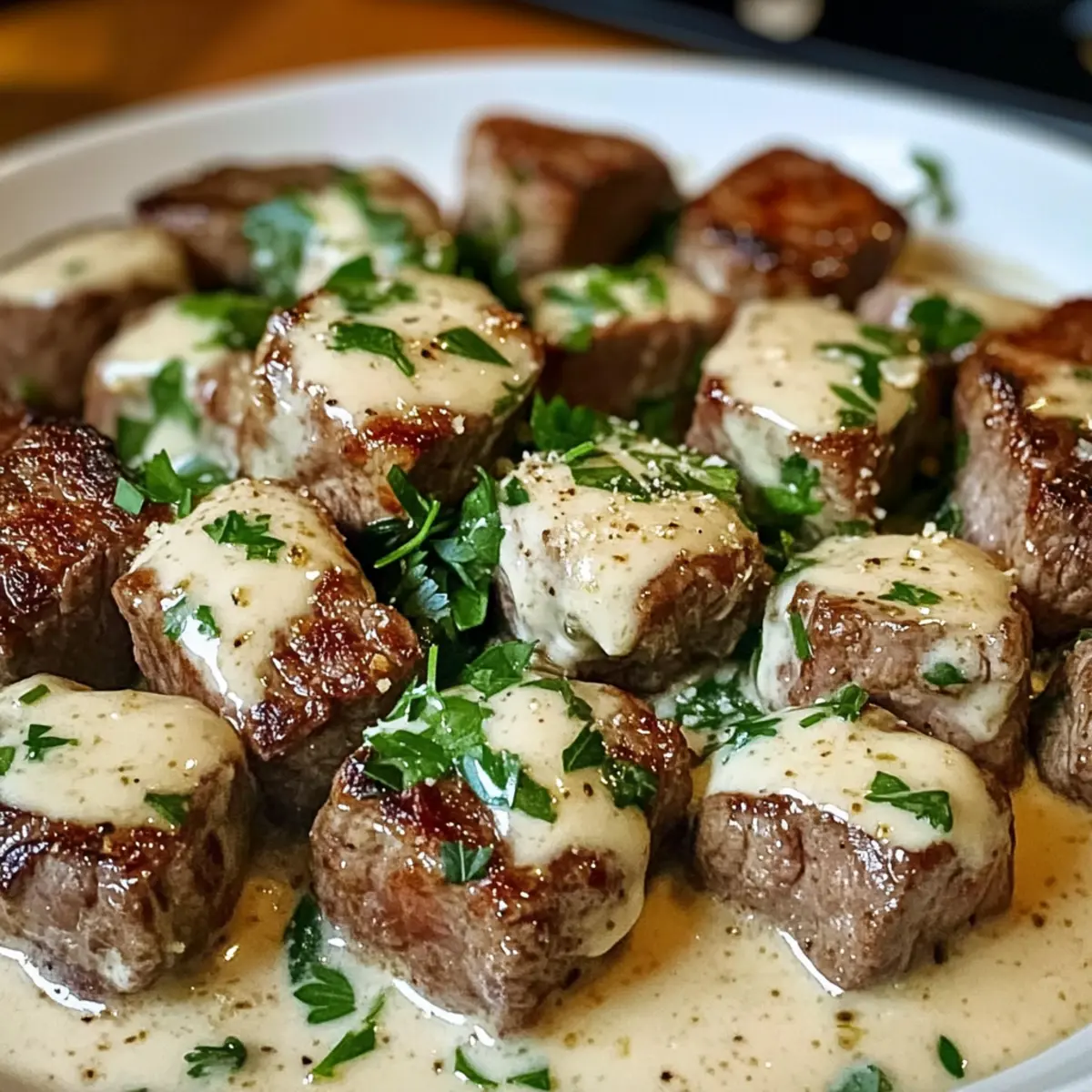Knoblauchbutter-Steakbissen mit Parmesancremesauce