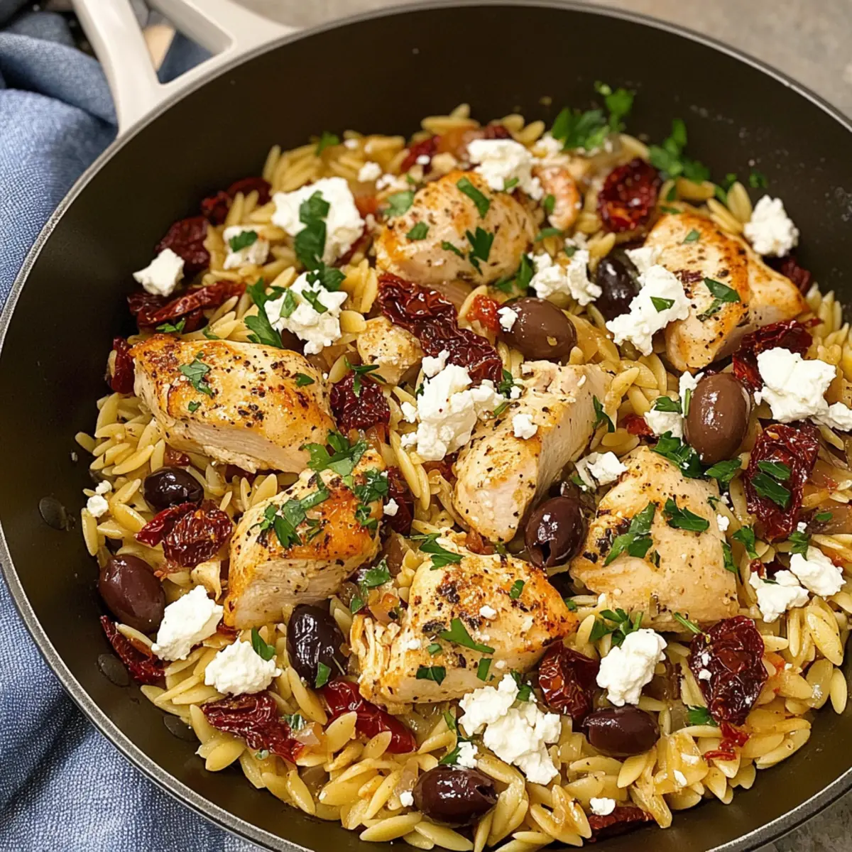 Mittelmeer-Hühnchen und Orzo-Pfanne schnell zubereitet