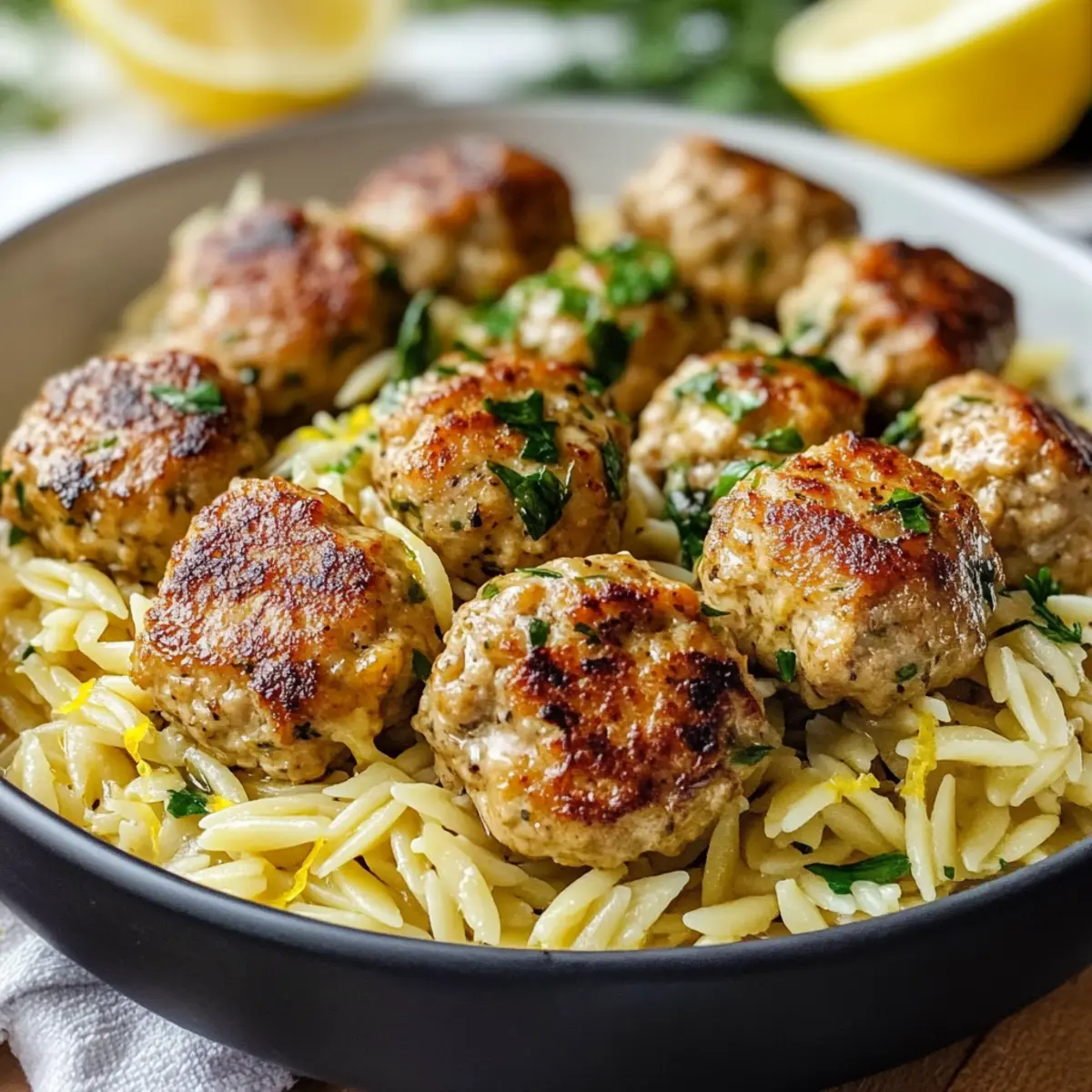 Herzhafte griechische Hähnchenfleischbällchen mit Orzo