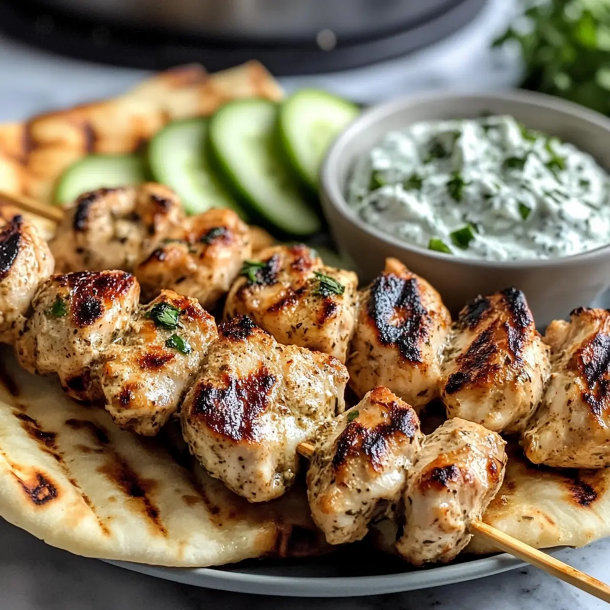 Souvlaki-Spieße mit Tzatziki und Pita-Brot genießen