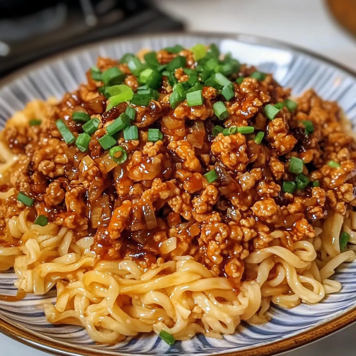 Klebriges würziges Knoblauch-Hühnchen mit Nudeln