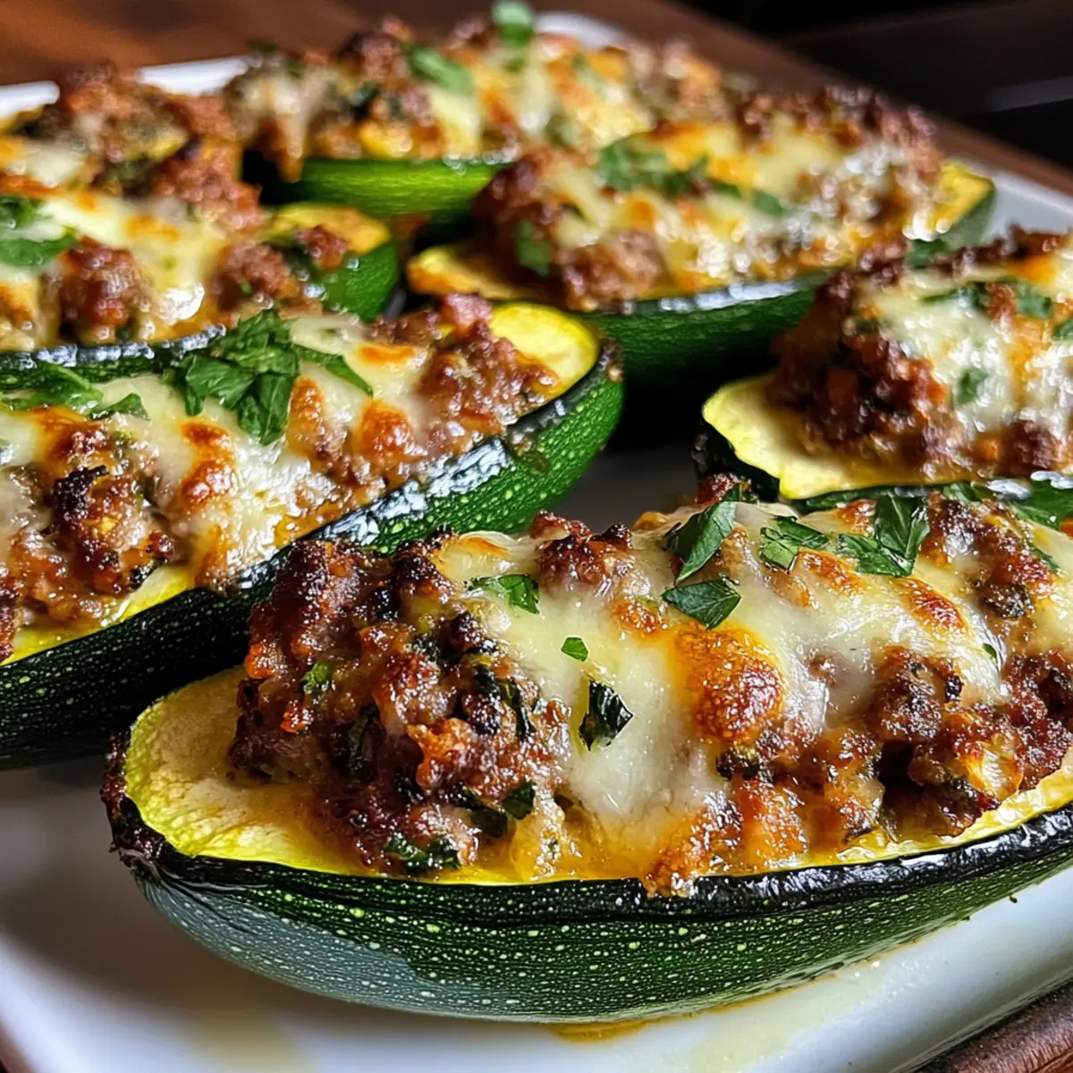 Gefüllte Zucchiniboote mit Wurst und Käse